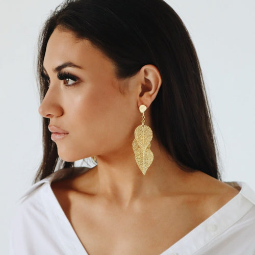 large cascade leaf gold earrings